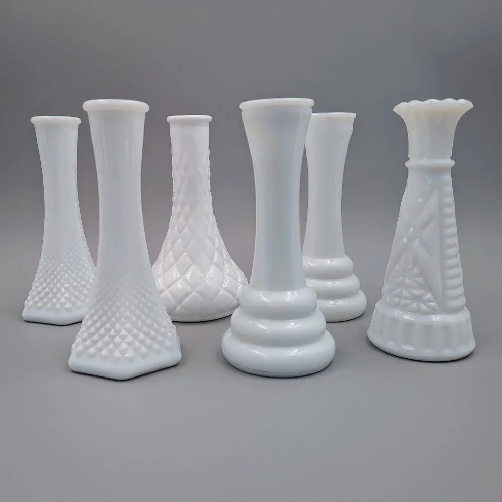 Sweet Collection of 6 Vintage Milk Glass Bud Vases |  Cottagecore Decor - Picture 2 of 13